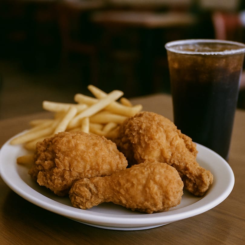 A plate of Kennedy fried chicken with three pieces of crispy fried chicken, french fries, and a soda.