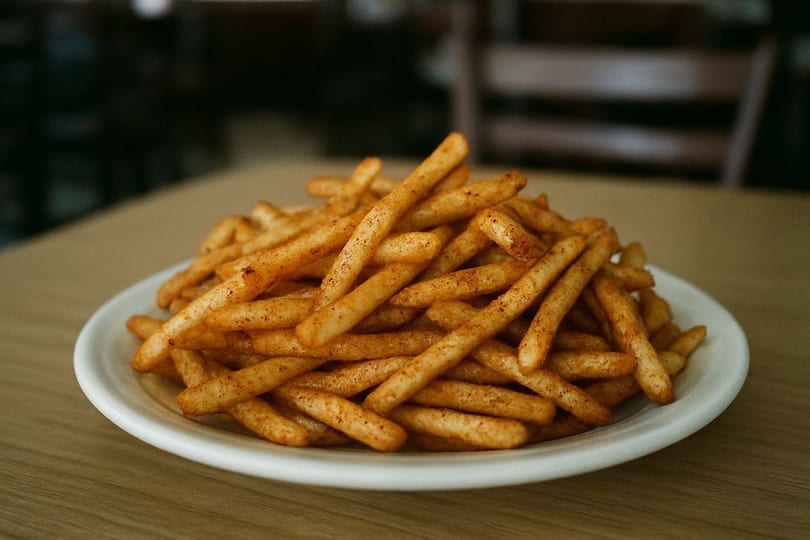 A white plate piled high with golden, seasoned french fries on a wooden table.
