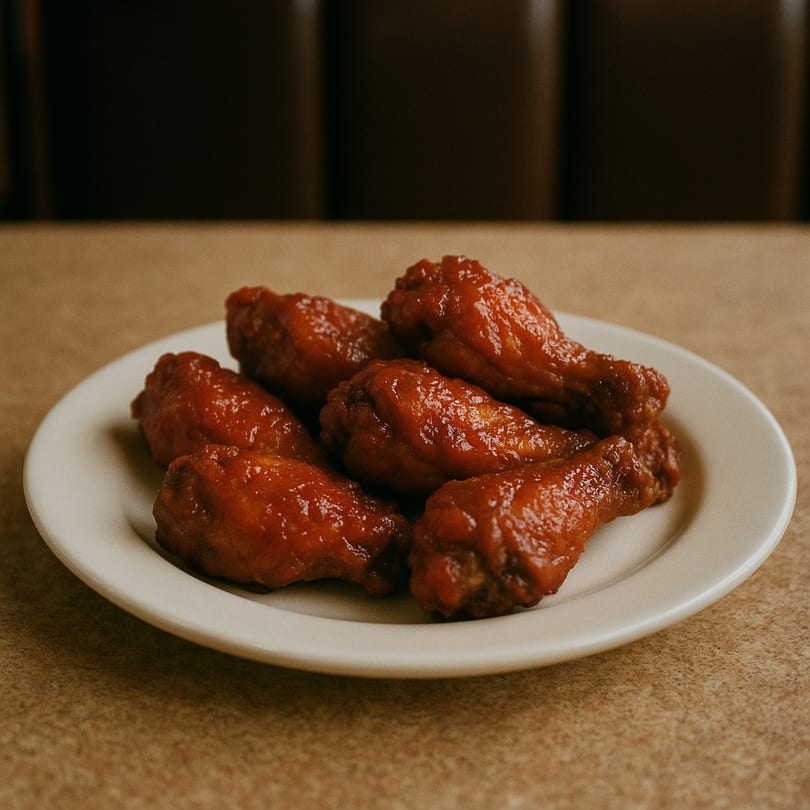 A plate of six glossy, red-sauced Kennedy fried chicken wings on a brown table.
