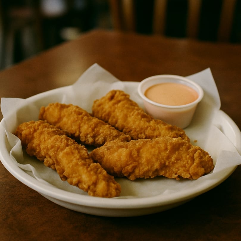 Four golden-brown Kennedy fried chicken tenders with dipping sauce on a white plate.