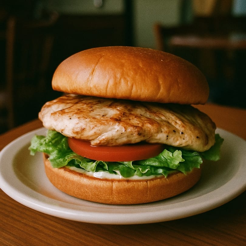 Grilled chicken sandwich with lettuce, tomato, and mayonnaise on a bun, served on a white plate.